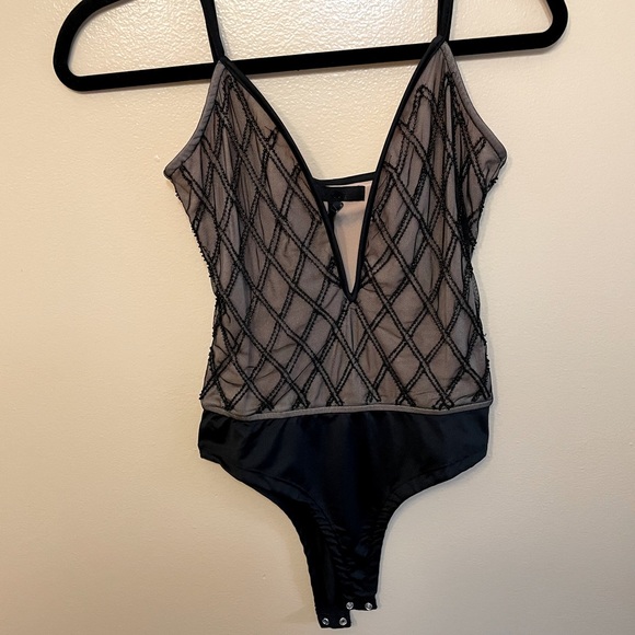 Plunge neck, black sheer beaded bodysuit - Picture 1 of 5
